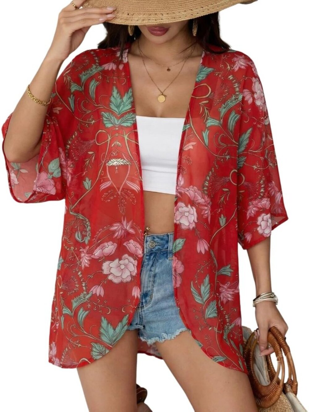 Women's Rose Vine Chiffon Kimono Cardigan Open Front Blouse Swimwear Cover Up
